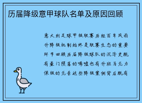 历届降级意甲球队名单及原因回顾